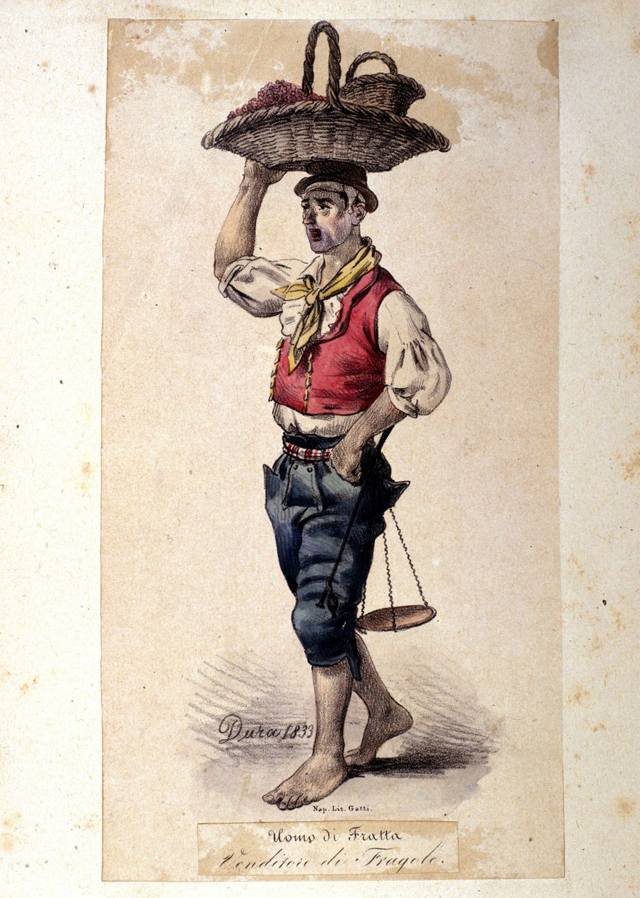 Napoliten küçük metier: çilek satıcısı. G. Dura tarafından litografi by Gaetano Dura