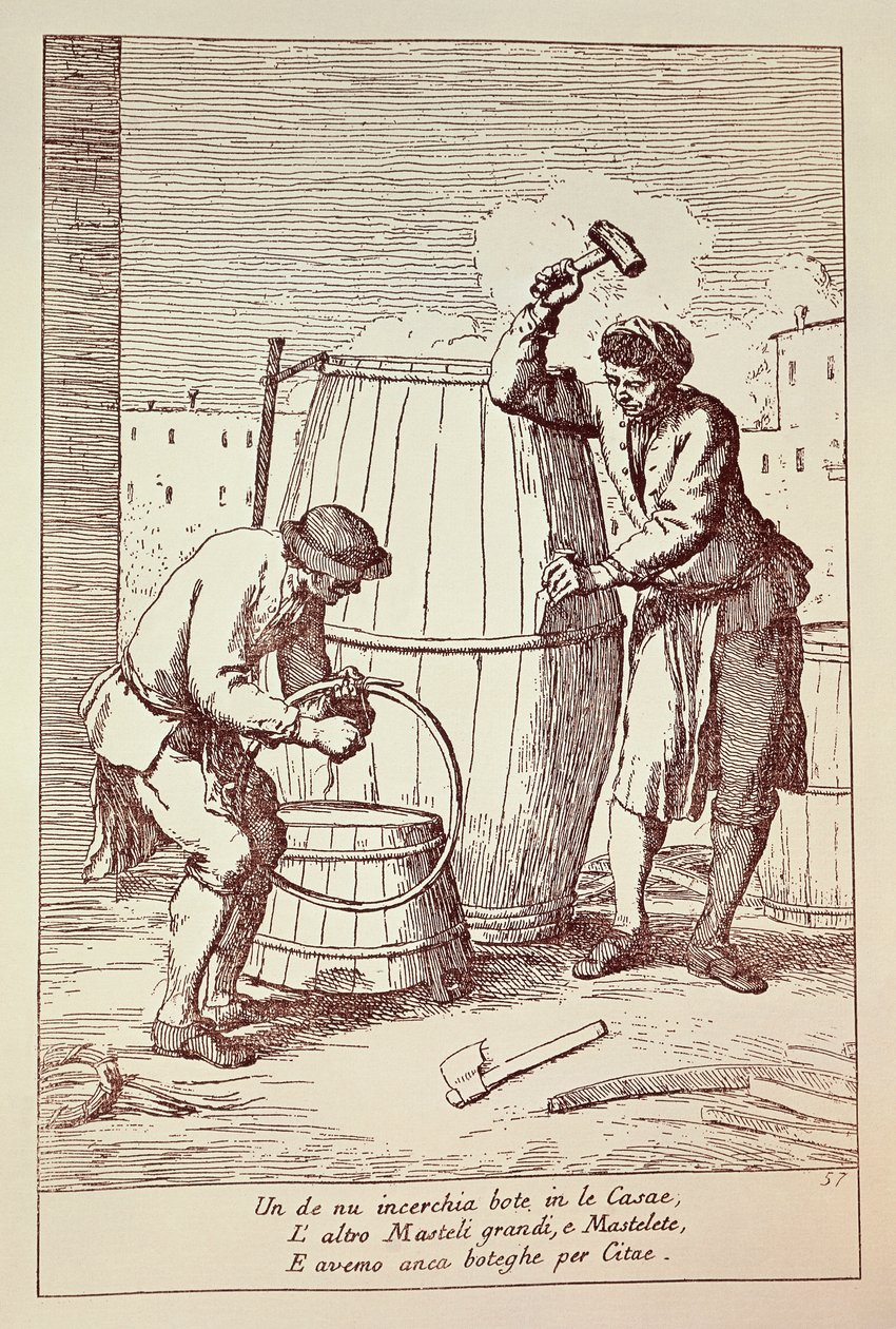 Coopers iş başında, Venedik, İtalya şehrinde gündelik hayatın sanatlarından Gaetano Gherardo Zompini (1700-1778) tarafından gravür by Gaetano Zompini