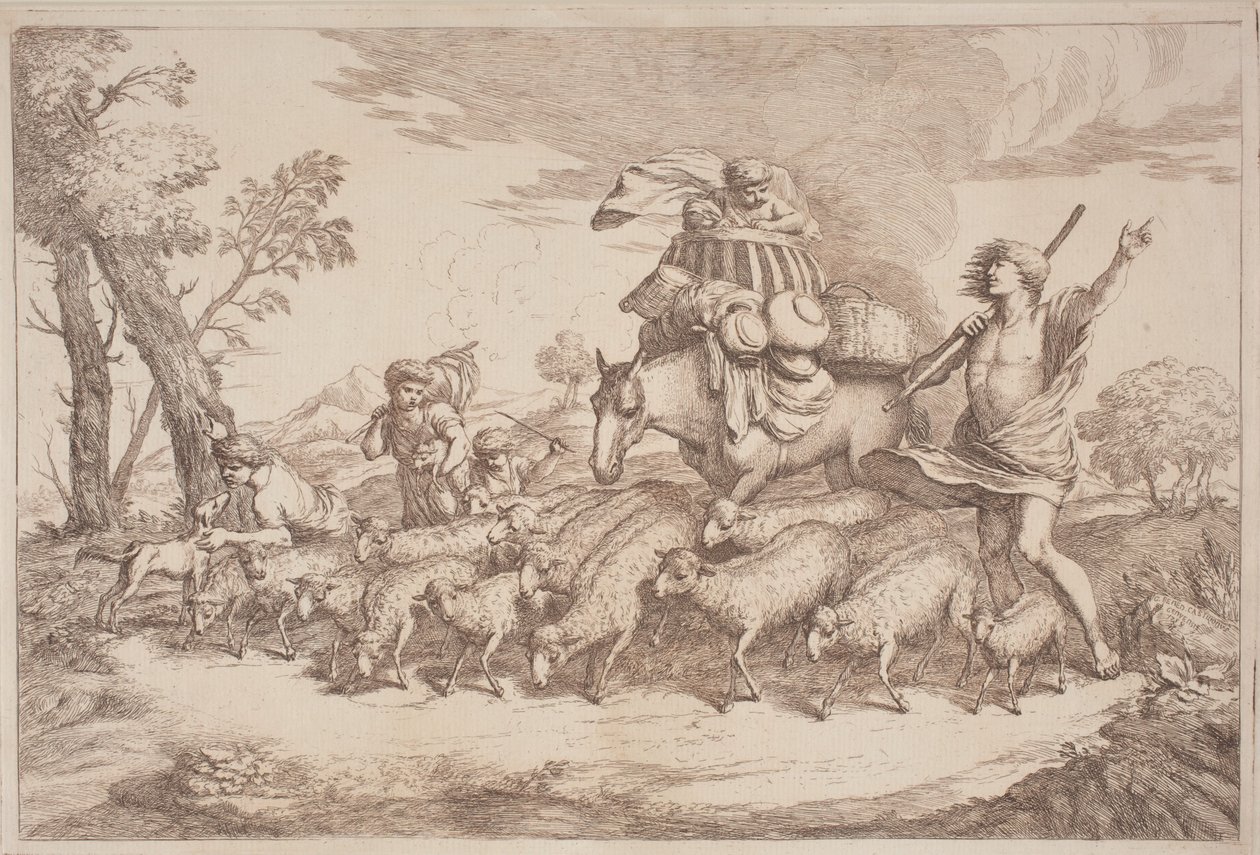 At Sırtında Sepette Bir Çocukla Pastoral Bir Yolculuk by Gaetano Zompini, after Giovanni Benedetto Castiglione