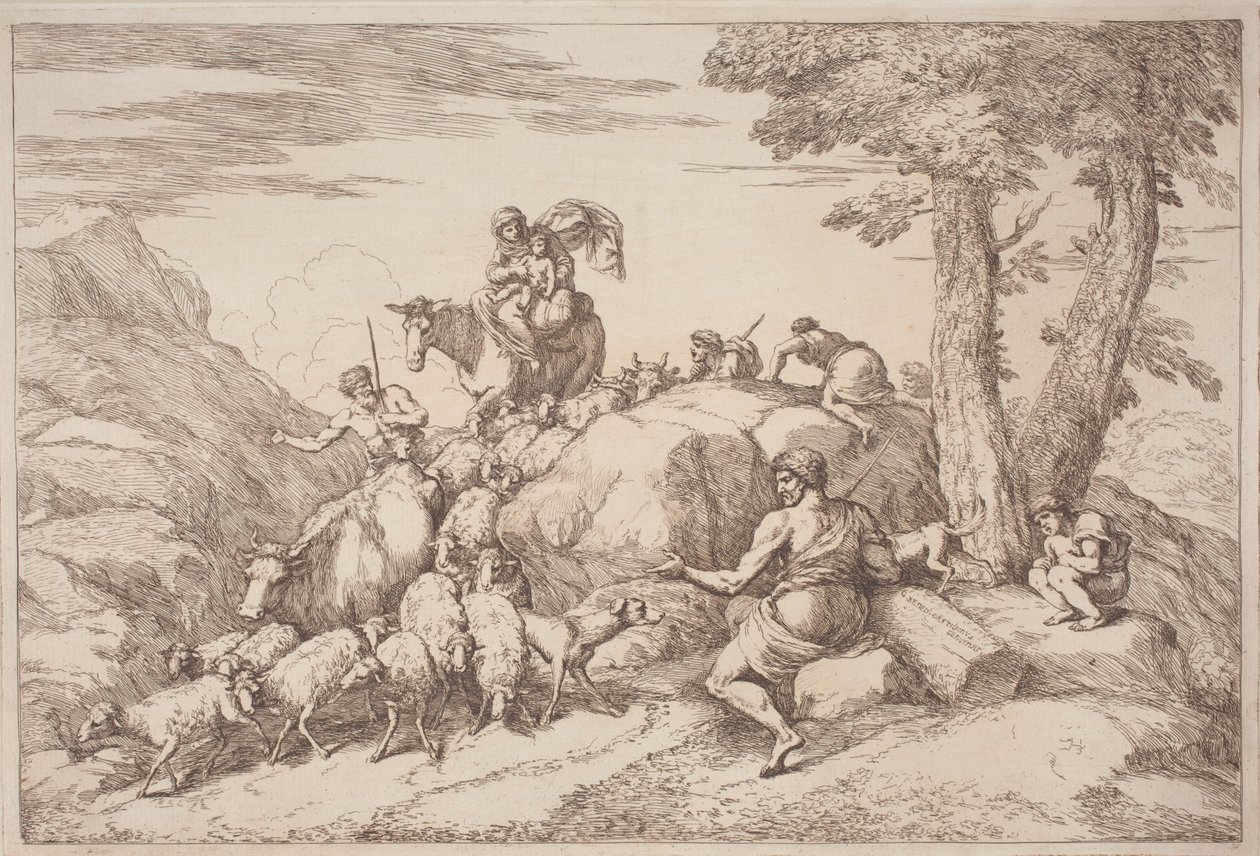 Bir Anne ve Çocuğu At Sırtında Ve Oturan Yaşlı Bir Çobanla Kırsal Bir Yolculuk by Gaetano Zompini, after Giovanni Benedetto Castiglione