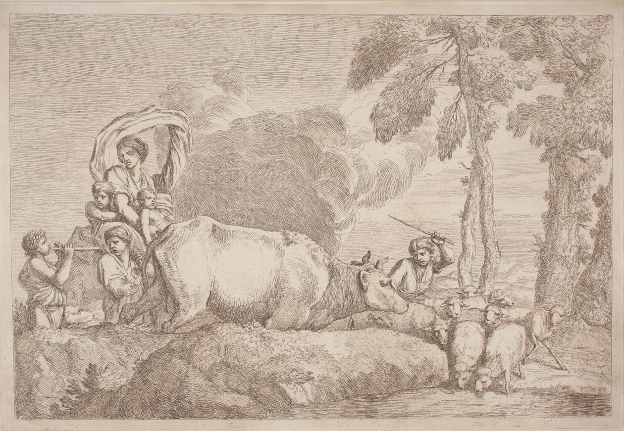 At Sırtında İki Çocuklu Bir Kadın by Gaetano Zompini, after Giovanni Benedetto Castiglione