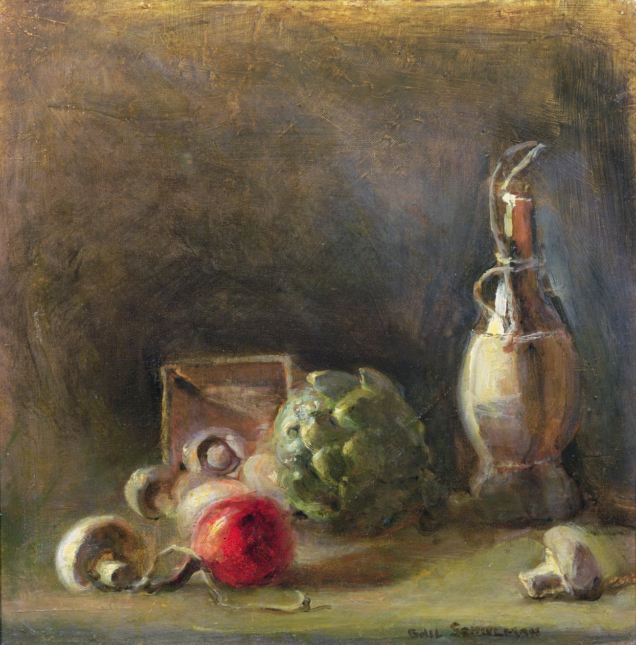Enginarlı Mantarlı Şarap Sürahisi (tuval üzerine yağlı boya) by Gail Schulman
