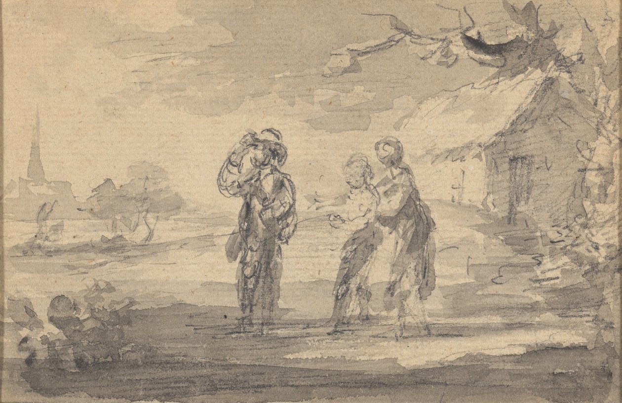 Üç figürlü manzara, kulübe ve kilise kulesi by Gainsborough Dupont