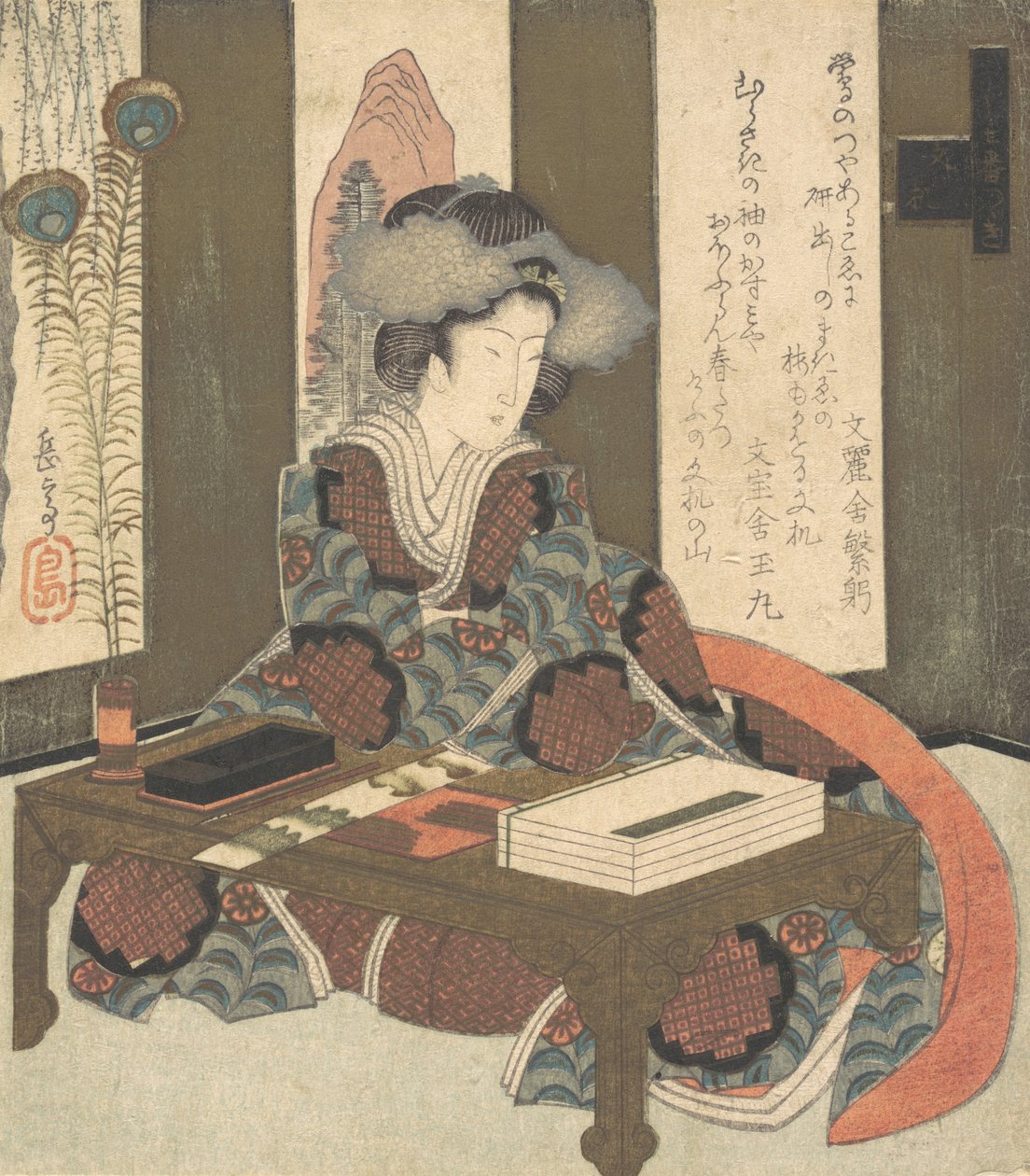Bir Hanımefendi Şiir Yazmak Üzere, ca. 1820. by Gakutei