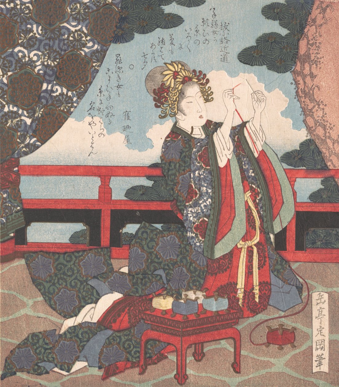 Veranda'da Bayan İplik İğnesi, 19. yüzyıl. by Gakutei
