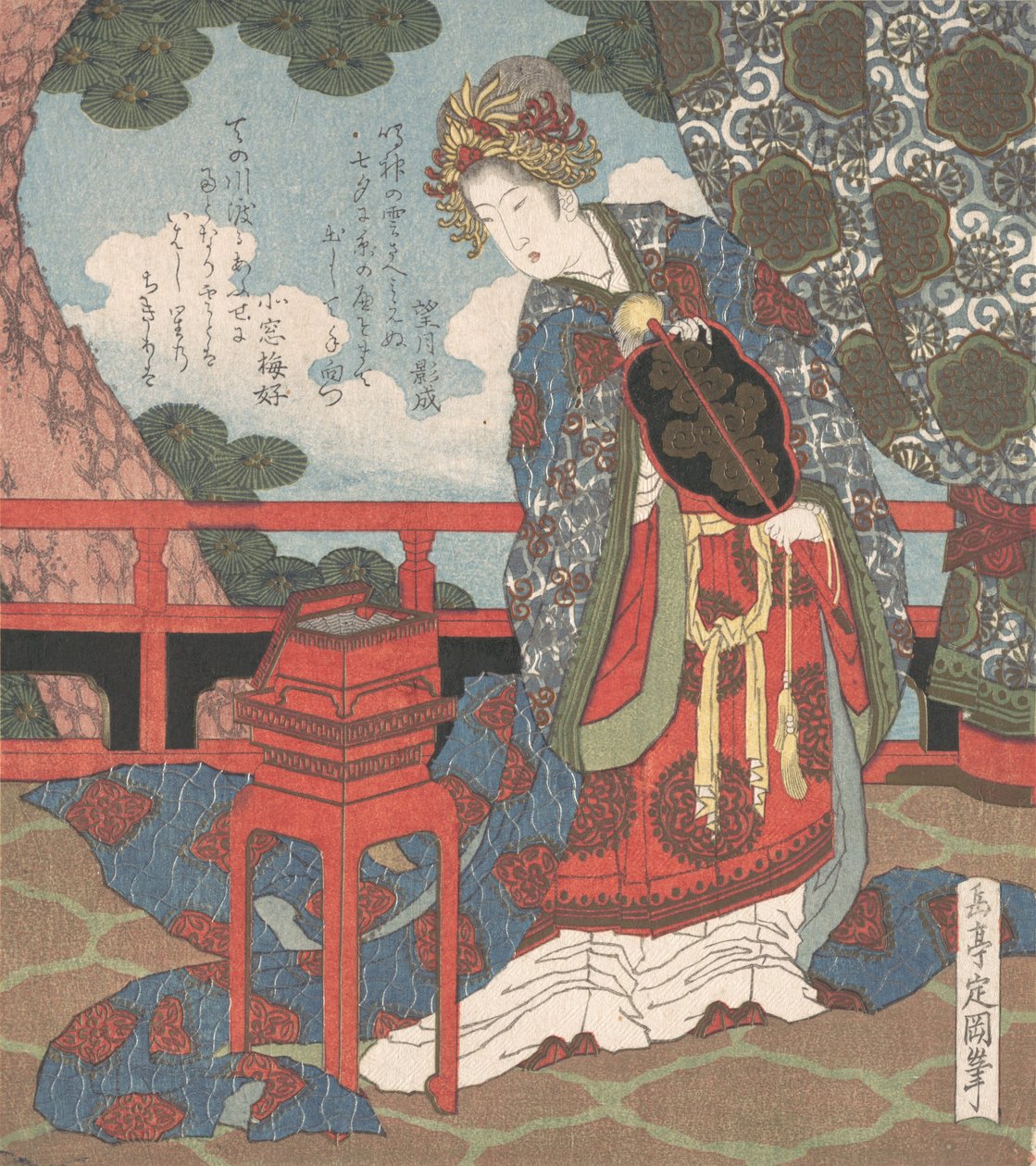 Veranda üzerinde duran yelpazeli kadın, 19. yüzyıl. by Gakutei