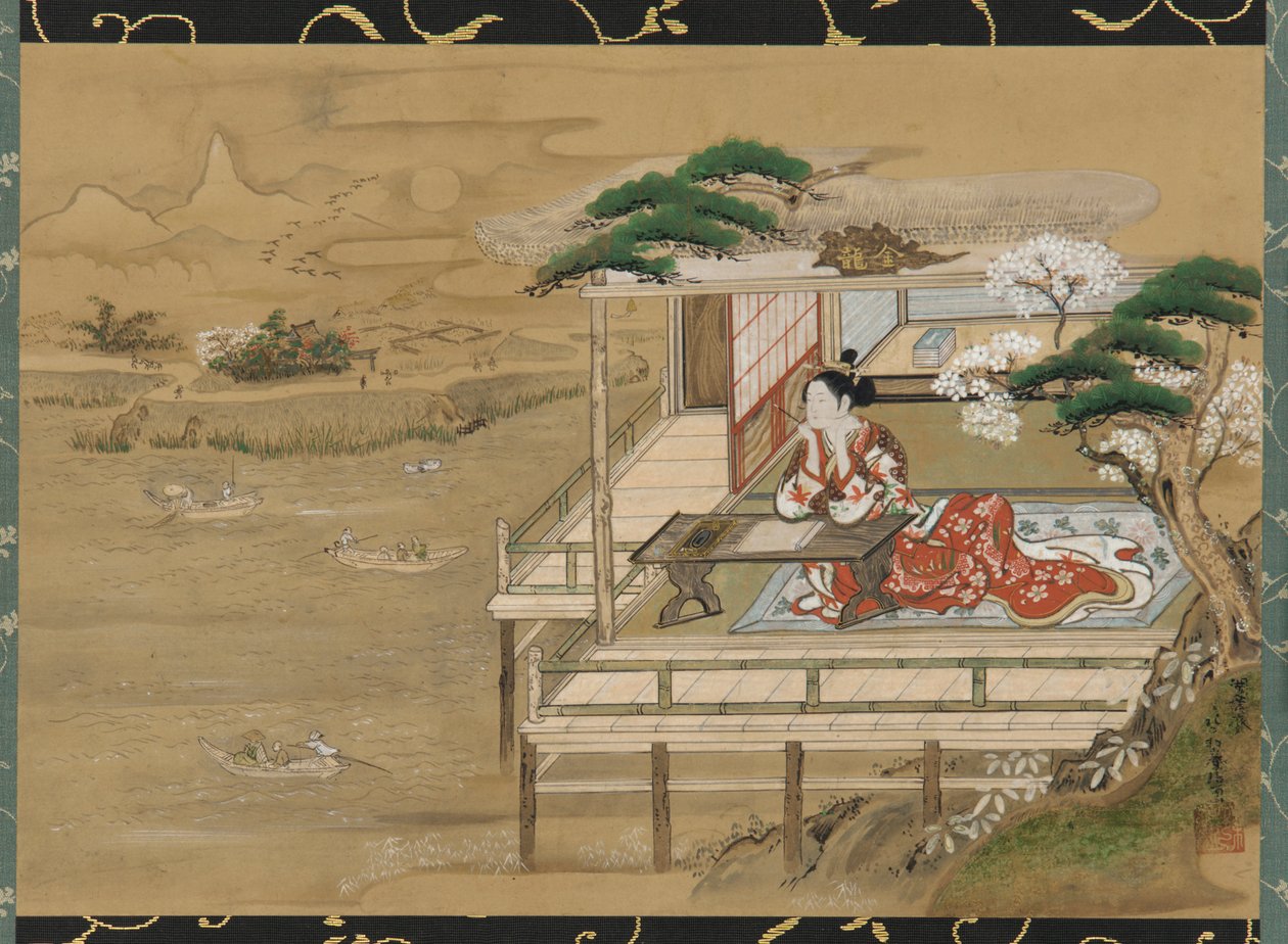 Murasaki Shikibu tozu m po yeni g te te f Genji, Ishiyamadera, Edo Perio d, 19. hat ry. by Gakutei