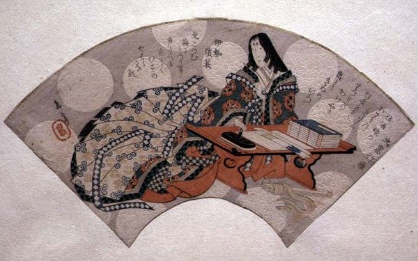 Court Lady Preparing Ink, fan için tasarım, c.1818-30 (tahta baskı) by Gakutei Harunobu