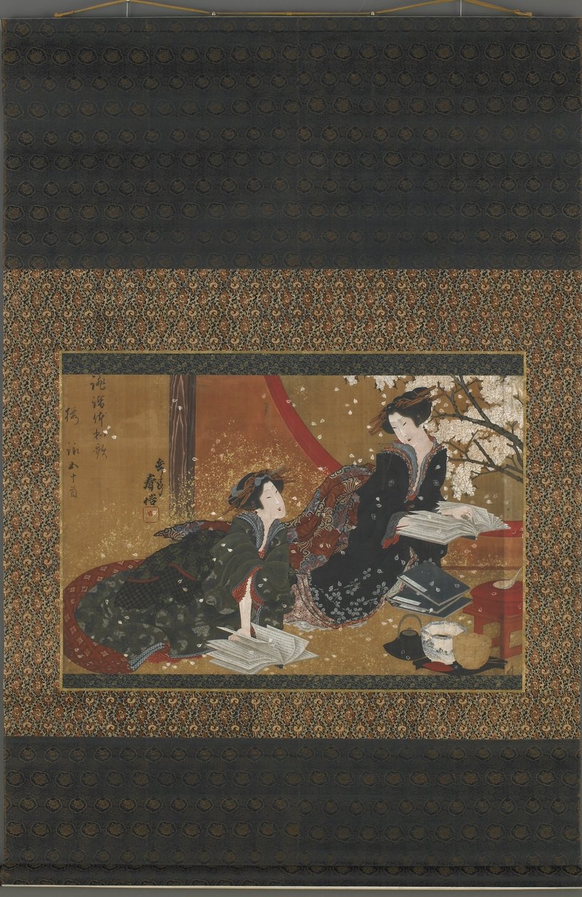 Bir kitaptan okuyan iki geyşa, Edo dönemi (ipek üzerine renkli, altın ve gümüş) by Gakutei Harunobu