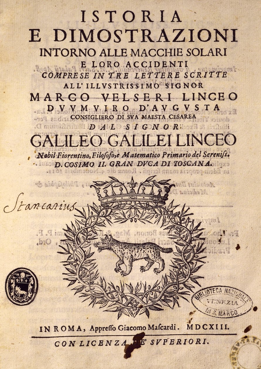 Güneş lekeleri ve özellikleri ile ilgili Tarih ve gösterilerin başlık sayfası by Galileo Galilei
