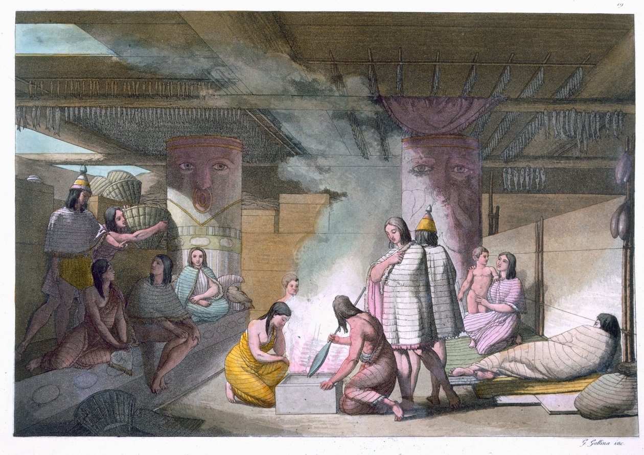 Nootka kabilesi kulübesinin içi, 'Le Costume Ancien et Moderne', Cilt I, levha 19, Jules Ferrario tarafından, 1820'ler-30'lar arasında yayınlandı by Gallo Gallina