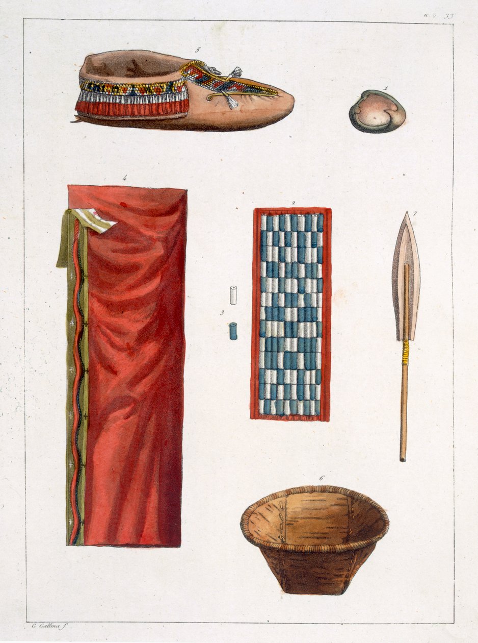 Kanada Kızılderililerine ait nesneler (renkli gravür) by Gallo Gallina