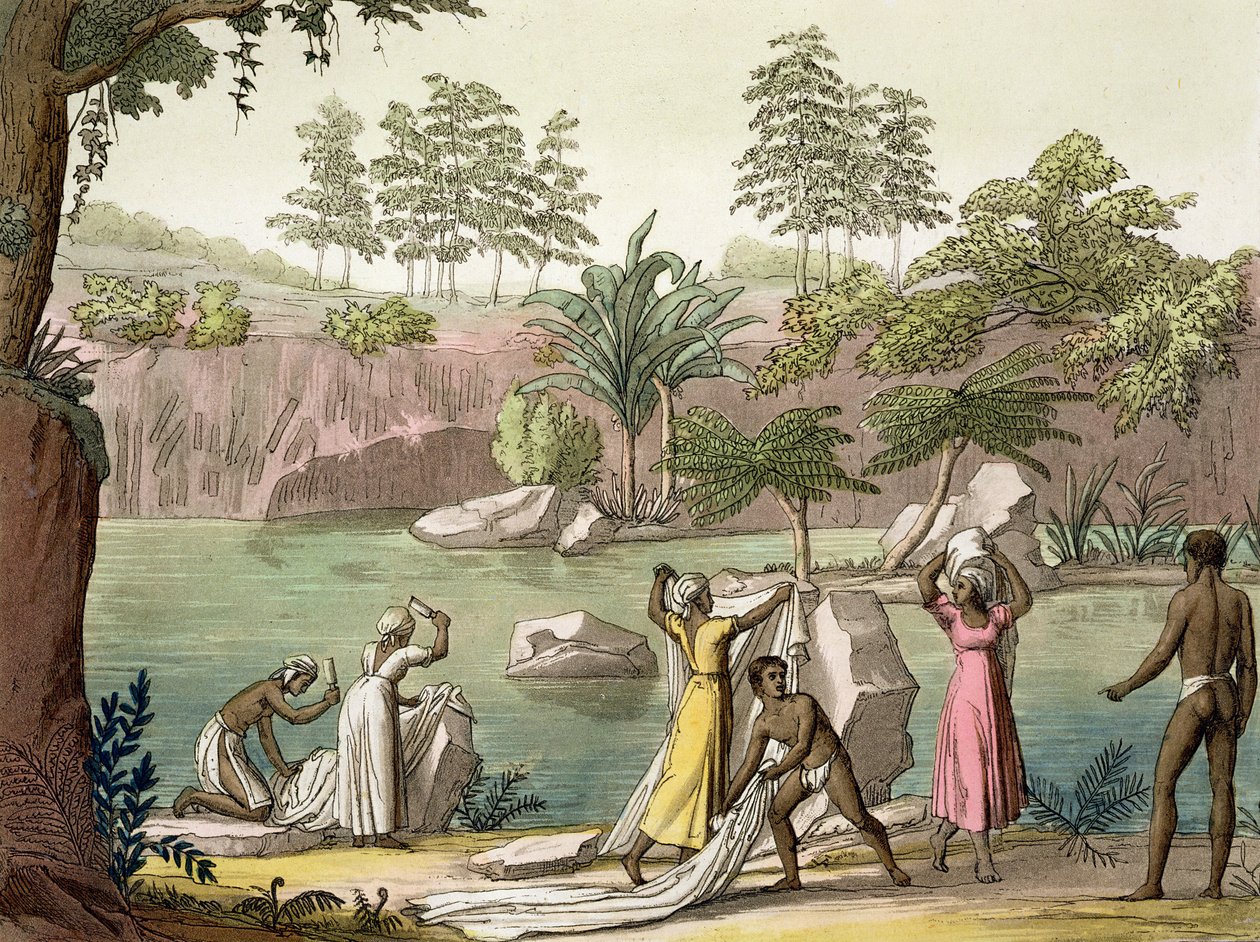 San Benedetto yakınlarındaki nehir, Madagaskar, Jules Ferrario'nun 'Le Costume Ancien et Moderne'den alınan 81 numaralı levha, 1820'ler-30'lar arasında yayınlandı by Gallo Gallina