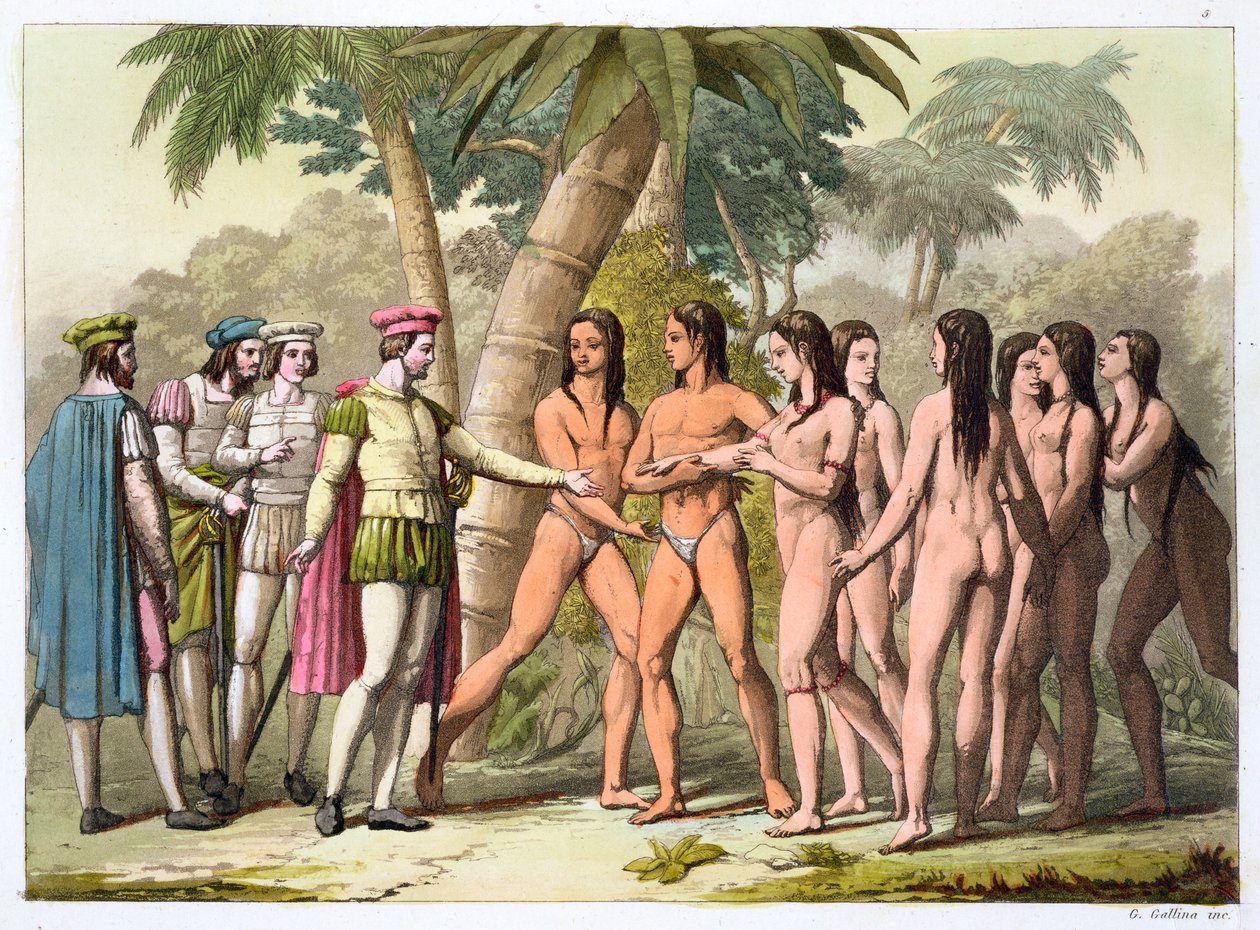 Kristof Kolomb ve Hernan Cortes, Kızılderili bir kızı hediye olarak alırken, c1820-1839 by Gallo Gallina