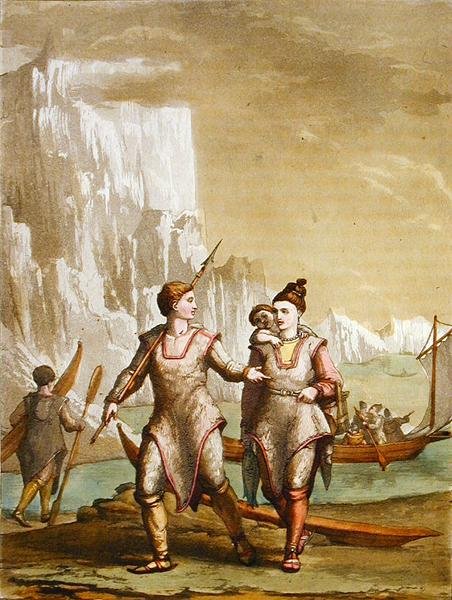 Balıkçılıktan dönen Grönland erkek ve kadınları (renkli gravür) by Gallo Gallina