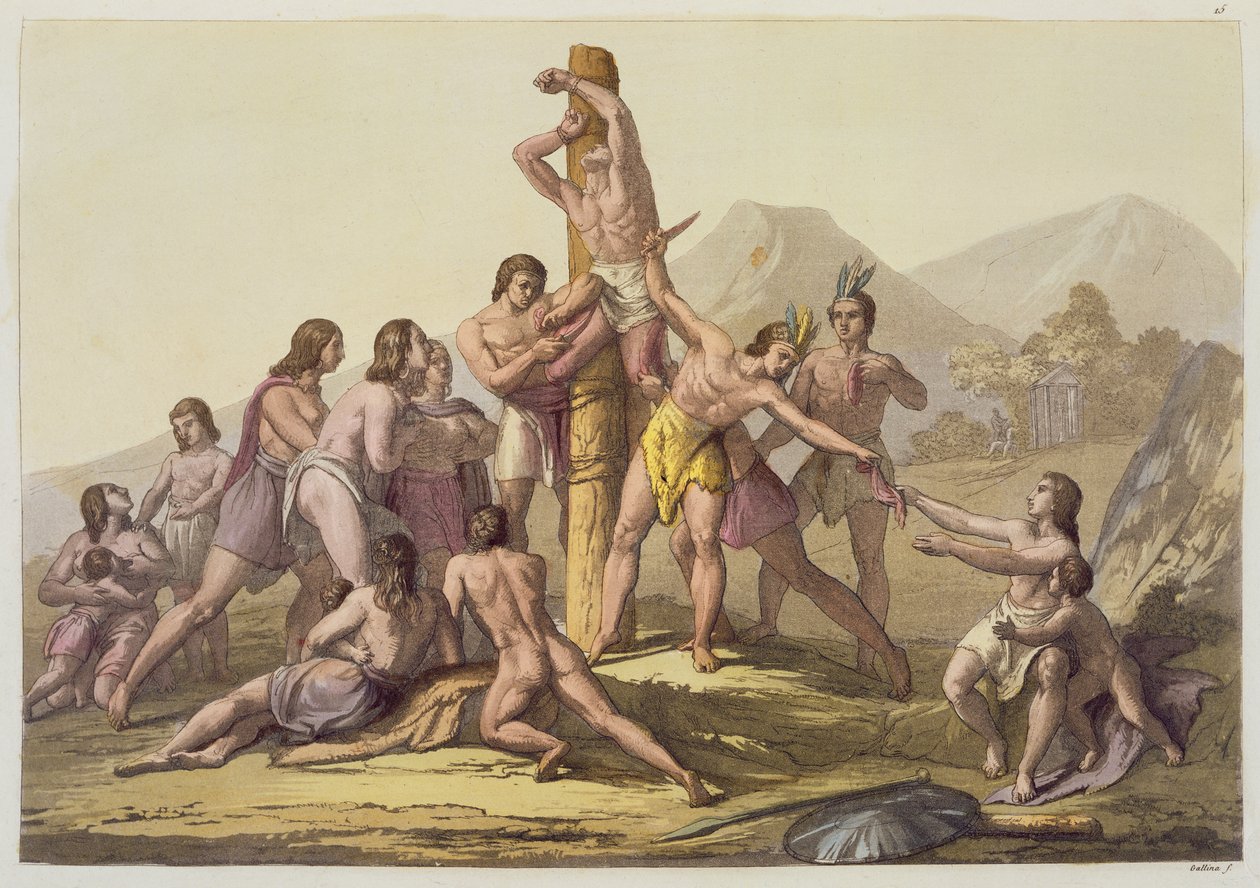 Peru Kızılderilileri Kurban Ediyor, 'Le Costume Ancien et Moderne'den, Cilt I, levha 15, Jules Ferrario tarafından, 1820'ler-30'larda yayınlandı (renkli lito) by Gallo Gallina