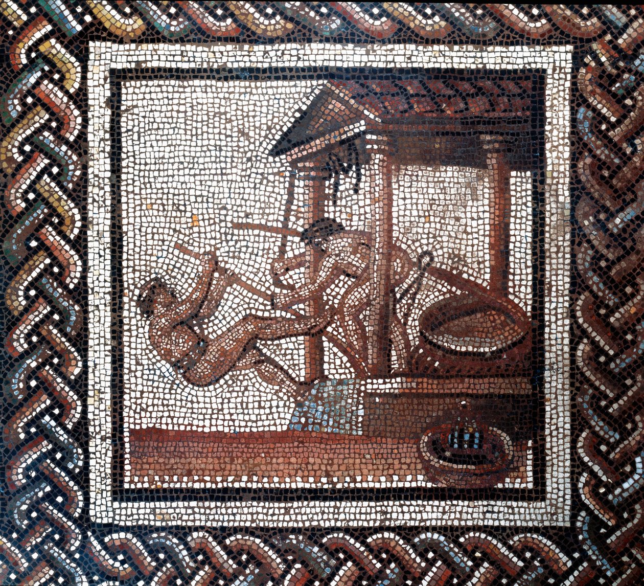 Bir yağ presi. (mozaik, 2. sonu, 3. yüzyılın başı) by Gallo Roman