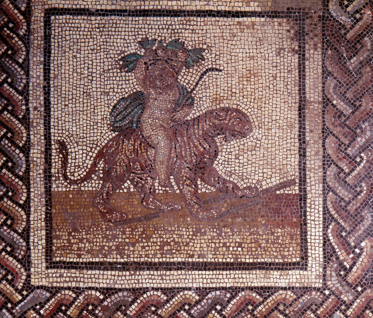 Gallo Roman Art: rustik bir takvimi temsil eden mozaik döşeme. Bir kaplanın üzerinde oturan sonbahar alegorisi. JC