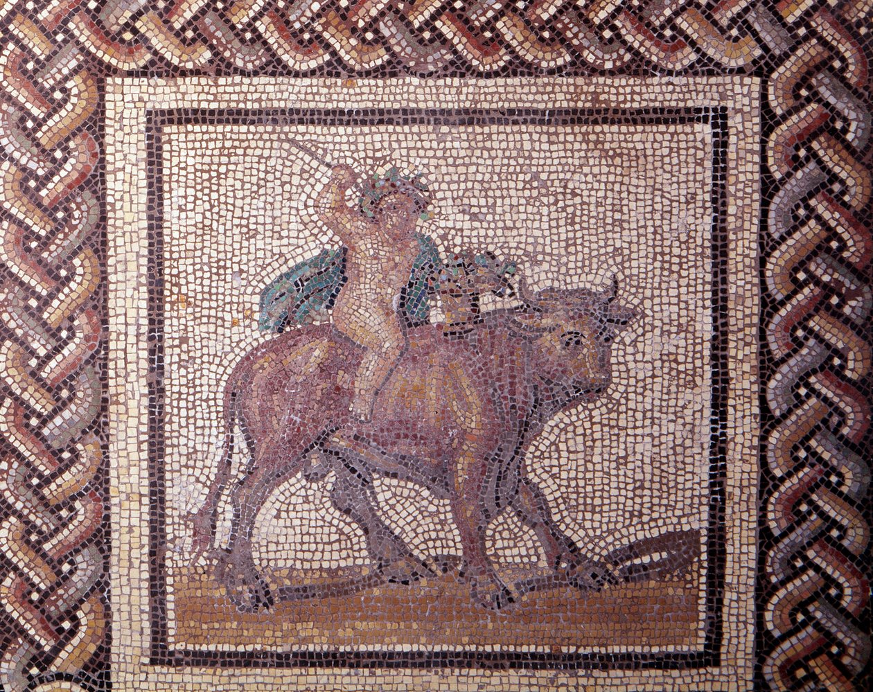 Gallo Roman Art: rustik bir takvimi temsil eden mozaik döşeme. Bir boğaya binen bahar alegorisi. JC