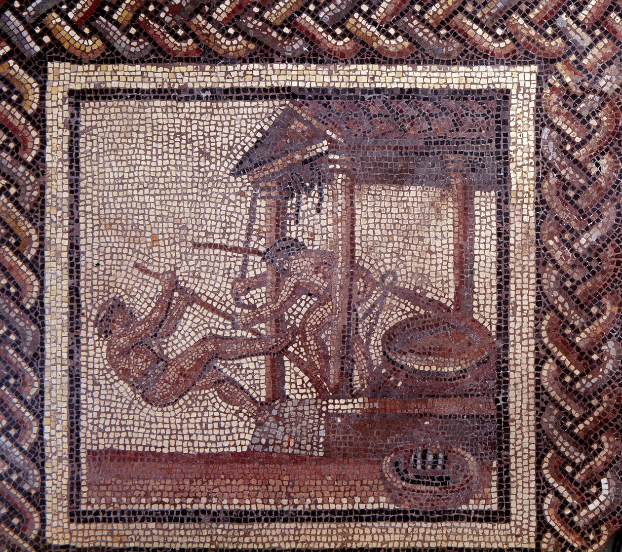 Gallo Roman Art: rustik bir takvimi temsil eden mozaik döşeme. Bir yağ presi. JC