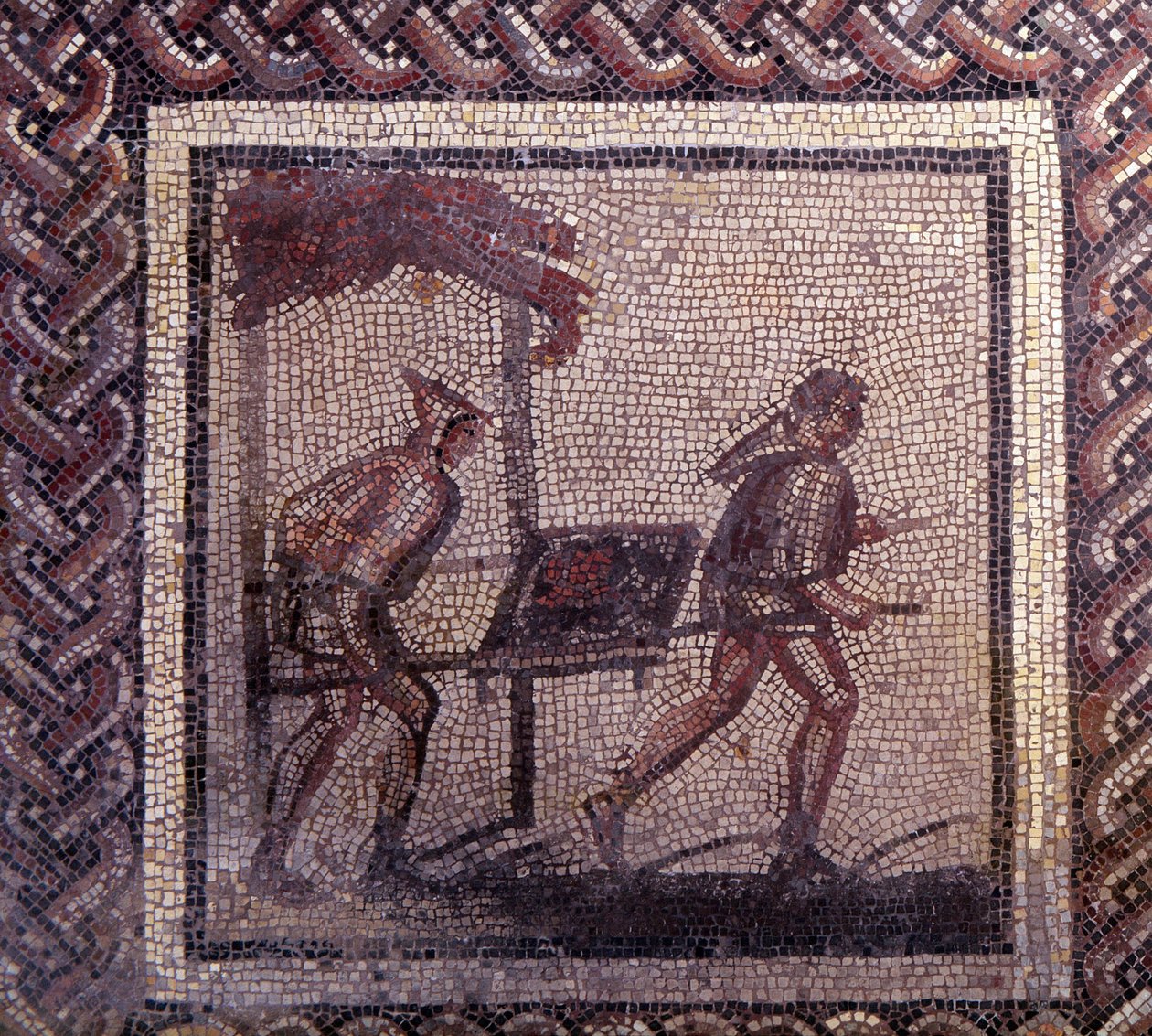 Gallo Roman Art: rustik bir takvimi temsil eden mozaik döşeme. Gübre taşıma sahnesi. JC