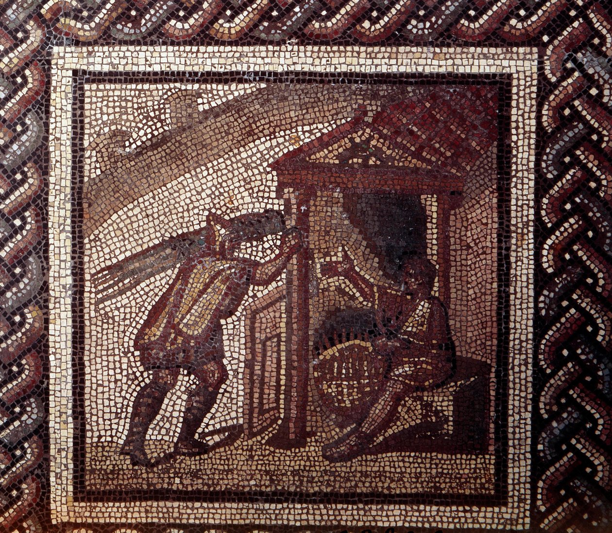 Gallo Roman Art: rustik bir takvimi temsil eden mozaik döşeme. Hasır işleri ve örgü sepetleri. JC