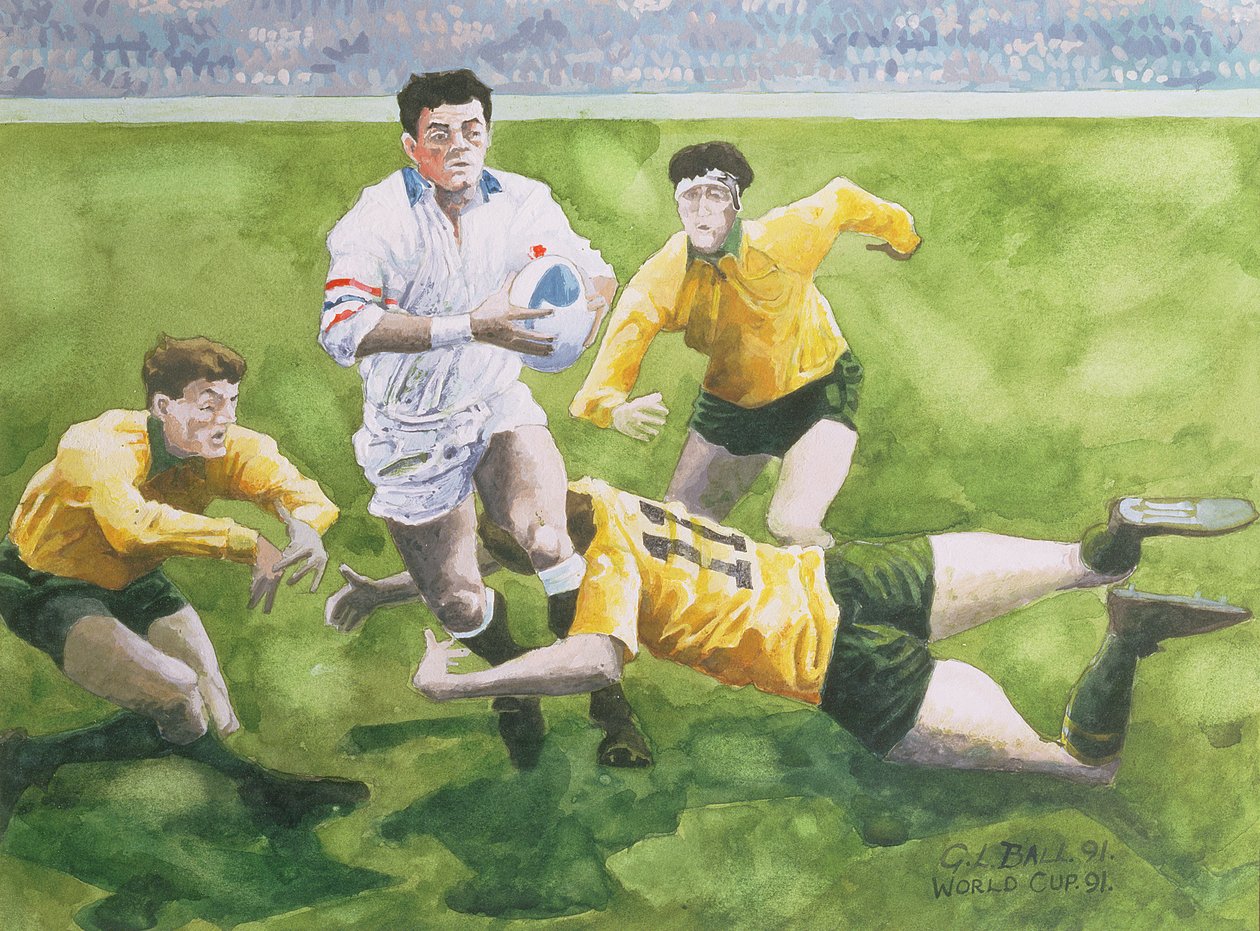 Rugby Maçı: 1991 Dünya Kupası Finalinde İngiltere - Avustralya, Will Carling ile mücadele ediliyor (wc) by Gareth Lloyd Ball