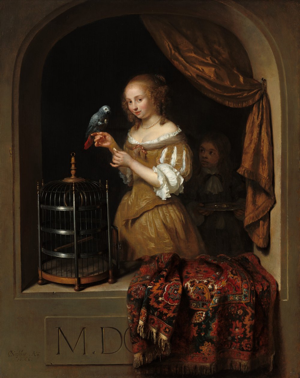 Papağanı Besleyen Kadın, Sayfalı, 1666. by Gaspar Netscher