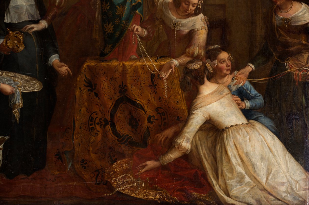 Bölge kilisesi (Eglise Saint-Brice). Paintin "İspanya Arşidükü Isabel, mücevherlerini Halle Saint-Martin Bazilikası