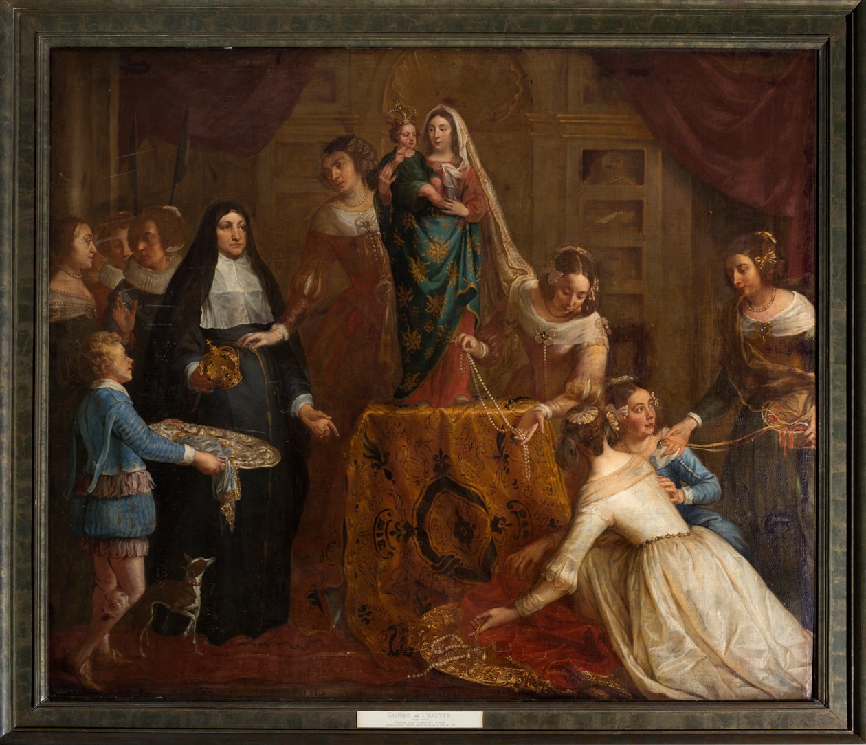 Bölge kilisesi (Eglise Saint-Brice). Paintin "İspanya Arşidükü Isabel, mücevherlerini Halle Saint-Martin Bazilikası
