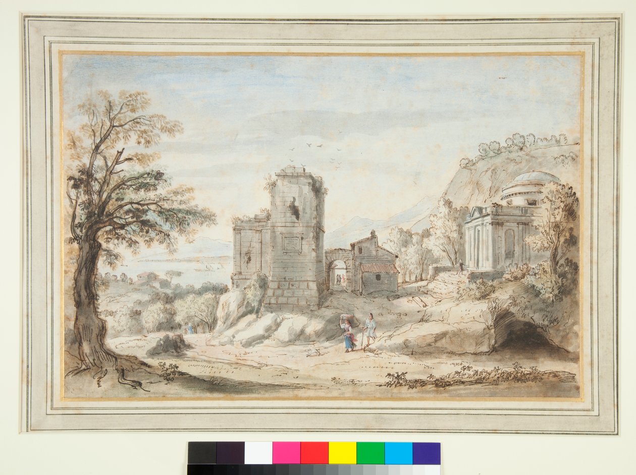 Harabeler ve Tapınak ile Manzara (kalem ve kahverengi mürekkep ve renkli yıkamalar) by Gaspar van Wittel