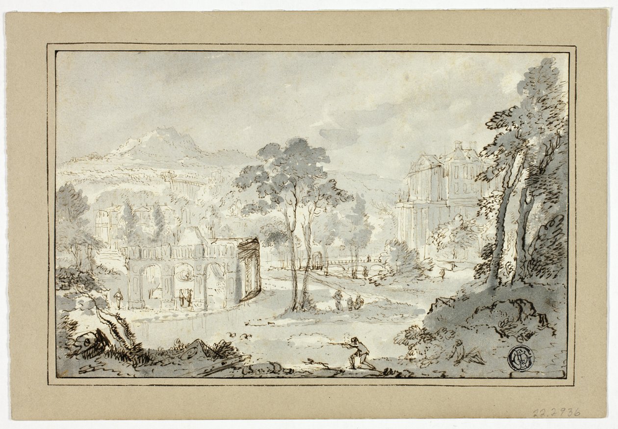Köpekli Avcı, Villa, Kanal, Piramit ile Manzaradaki Diğer Figürler by Gaspar van Wittel