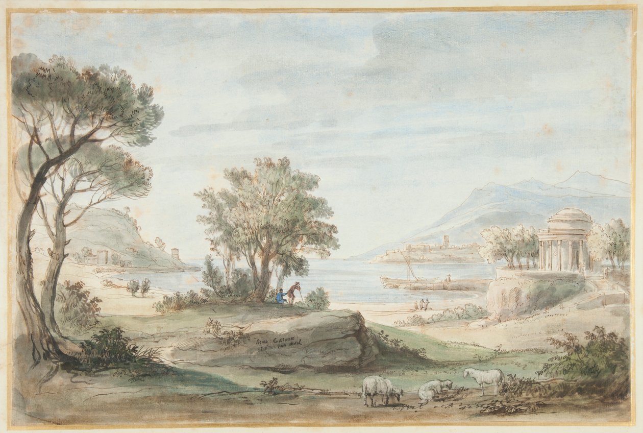 Yuvarlak Tapınaklı Manzara (kalem, kahverengi mürekkep ve kağıt üzerinde renkli yıkamalar) by Gaspar van Wittel
