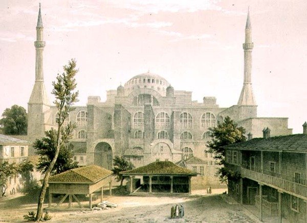 Ayasofya, levha 16: Louis Haghe (1806-85) tarafından oyulmuş ana cephe, 1852