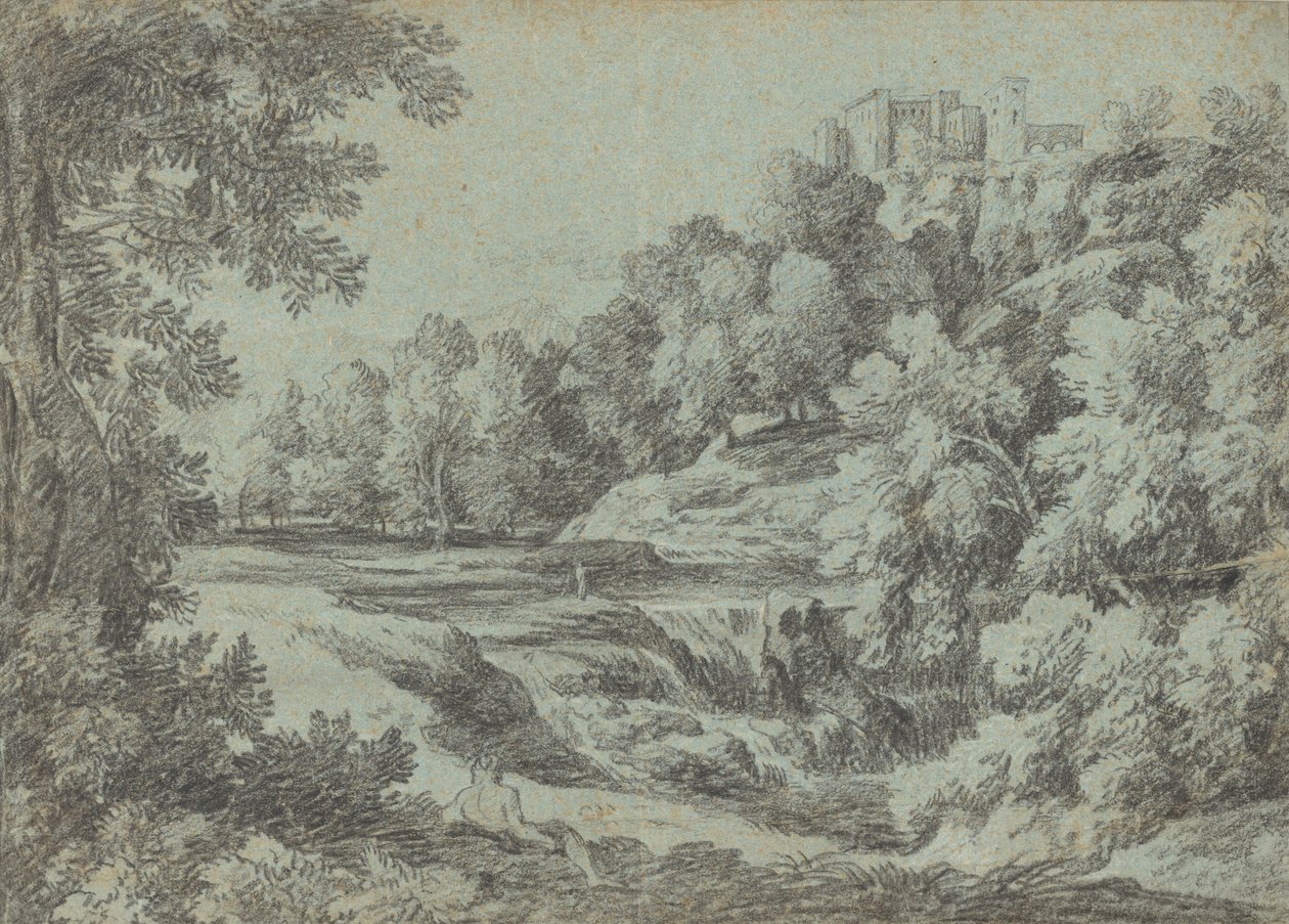 Tahkimatlı ve Şelaleli İtalyan Manzarası by Gaspard Dughet