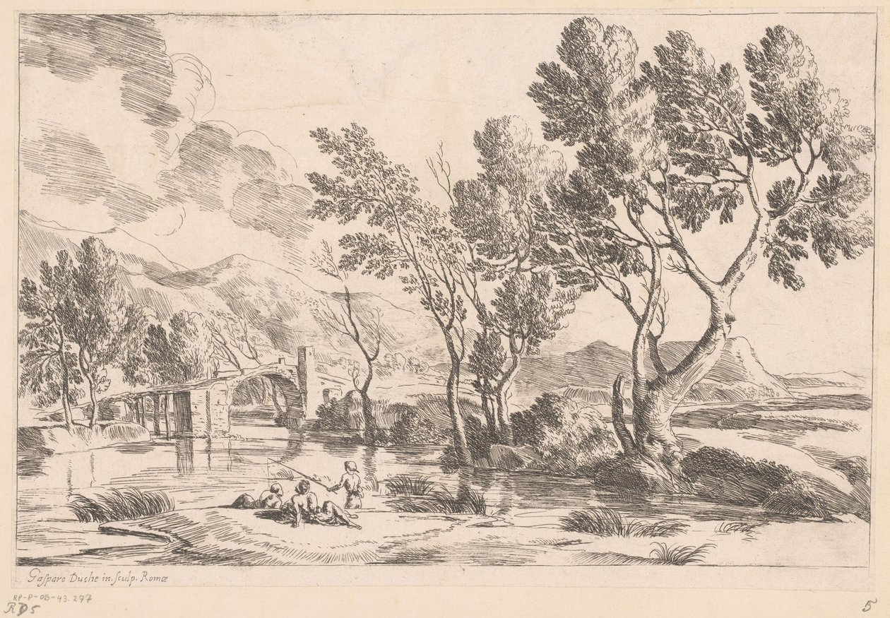 Köprü ve balıkçılar ile nehir manzarası by Gaspard Dughet