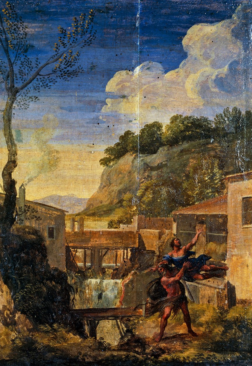 Herkül ve Antaeus ile Kırsal (tuval üzerine yağlı boya) by Gaspard Poussin (school of) Dughet