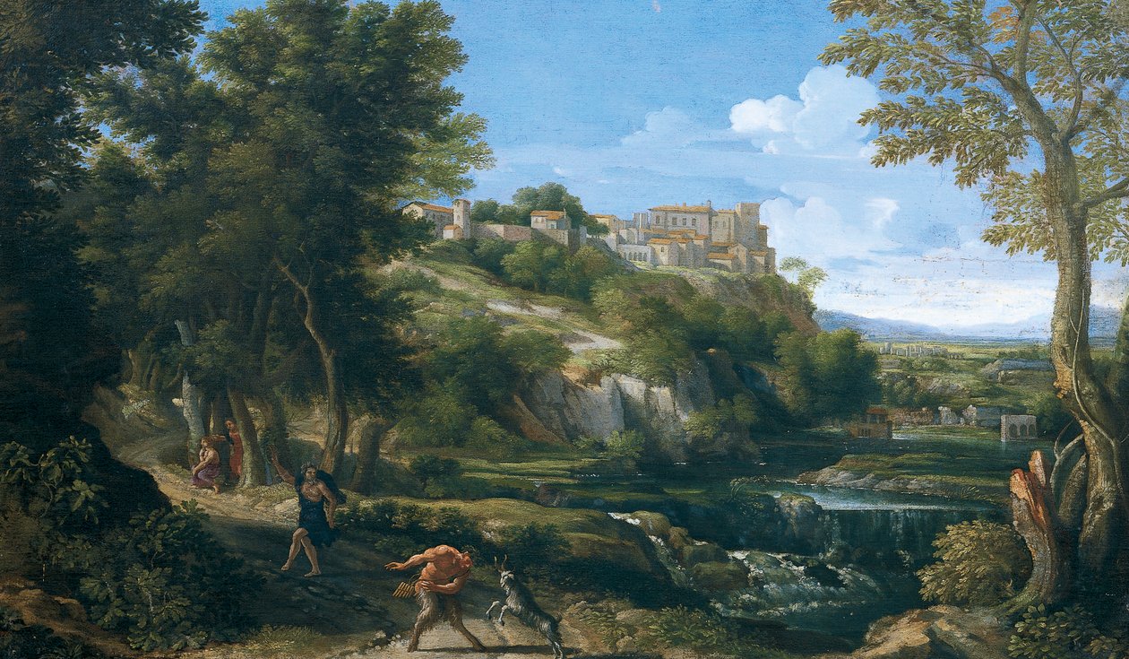 1667 - 1668, Gaspard Dughet (1615-1675) tarafından dans eden faun ve periyi gösteren manzara by Gaspard Poussin Dughet