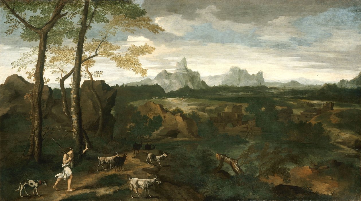 Bir Çoban ve Keçili Manzara, 1635 dolayları (tuval üzerine yağlı boya) by Gaspard Poussin Dughet