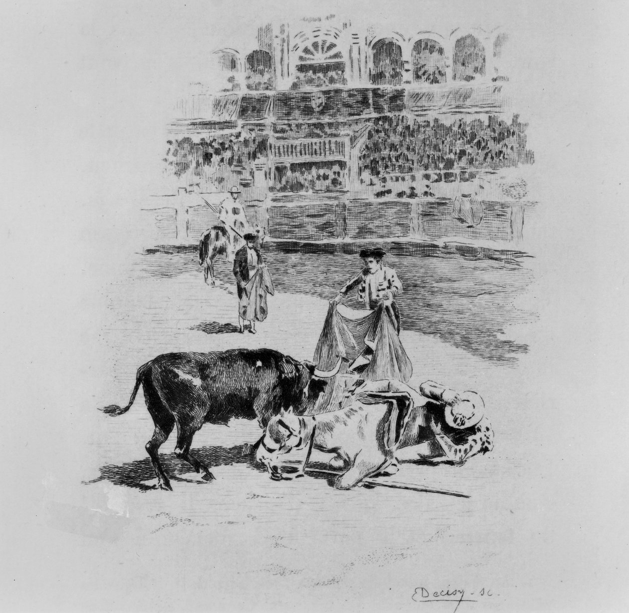 The Fall of a Picador, an illustration from Carmen by Prosper Merimee (1803-70) engraved by Eugene Decisy (1866-c.1936)   by Gaston Vuillier