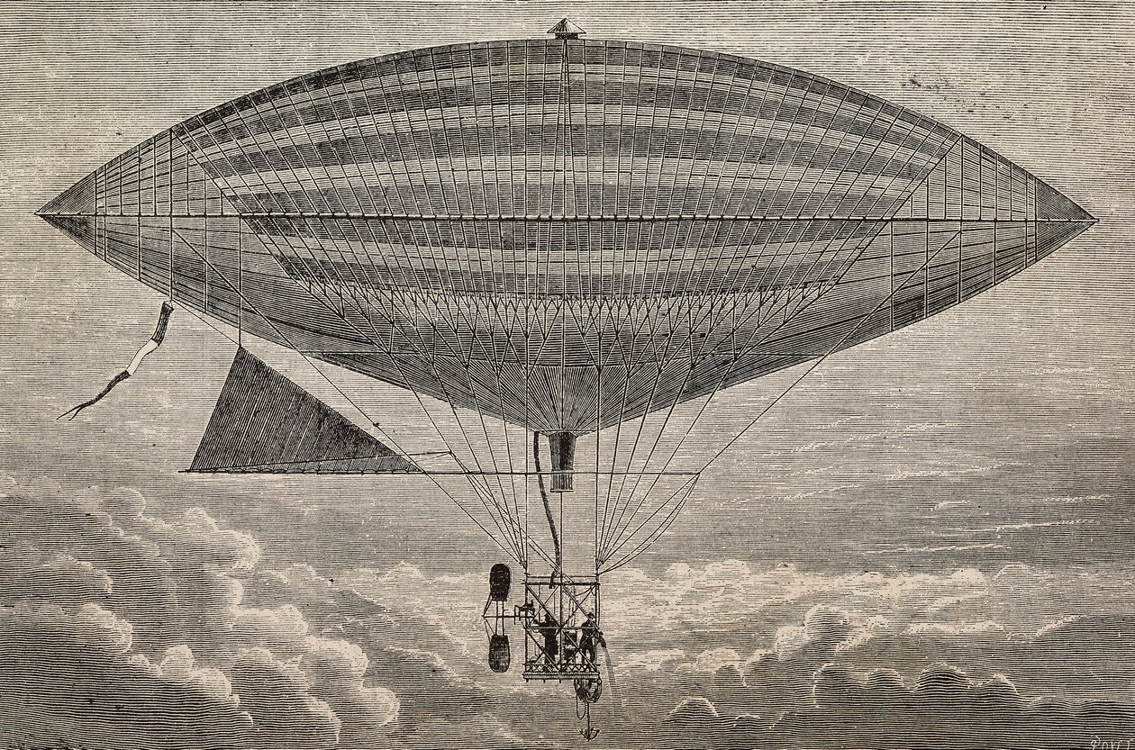 Pervaneli elektrikli balon, Gaston (18473-1899) ve Albert Tissandier (1839-1906) tarafından yapılmış bir prototip, Paris, Fransa, L'Illustrazione Italiana'dan gravür, yıl 10, sayı 44, 4 Kasım by Gaston Claris