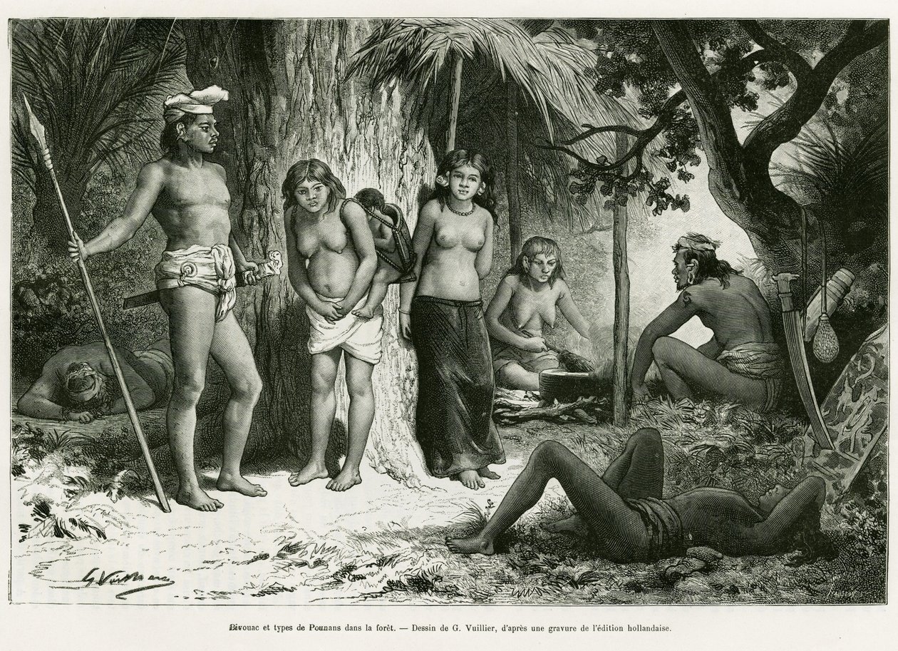 Bivouac ve ormandaki Akciğer türleri. G.Vuillier tarafından yapılan gravür, De Koutei a Bandjirmasin, Borneo