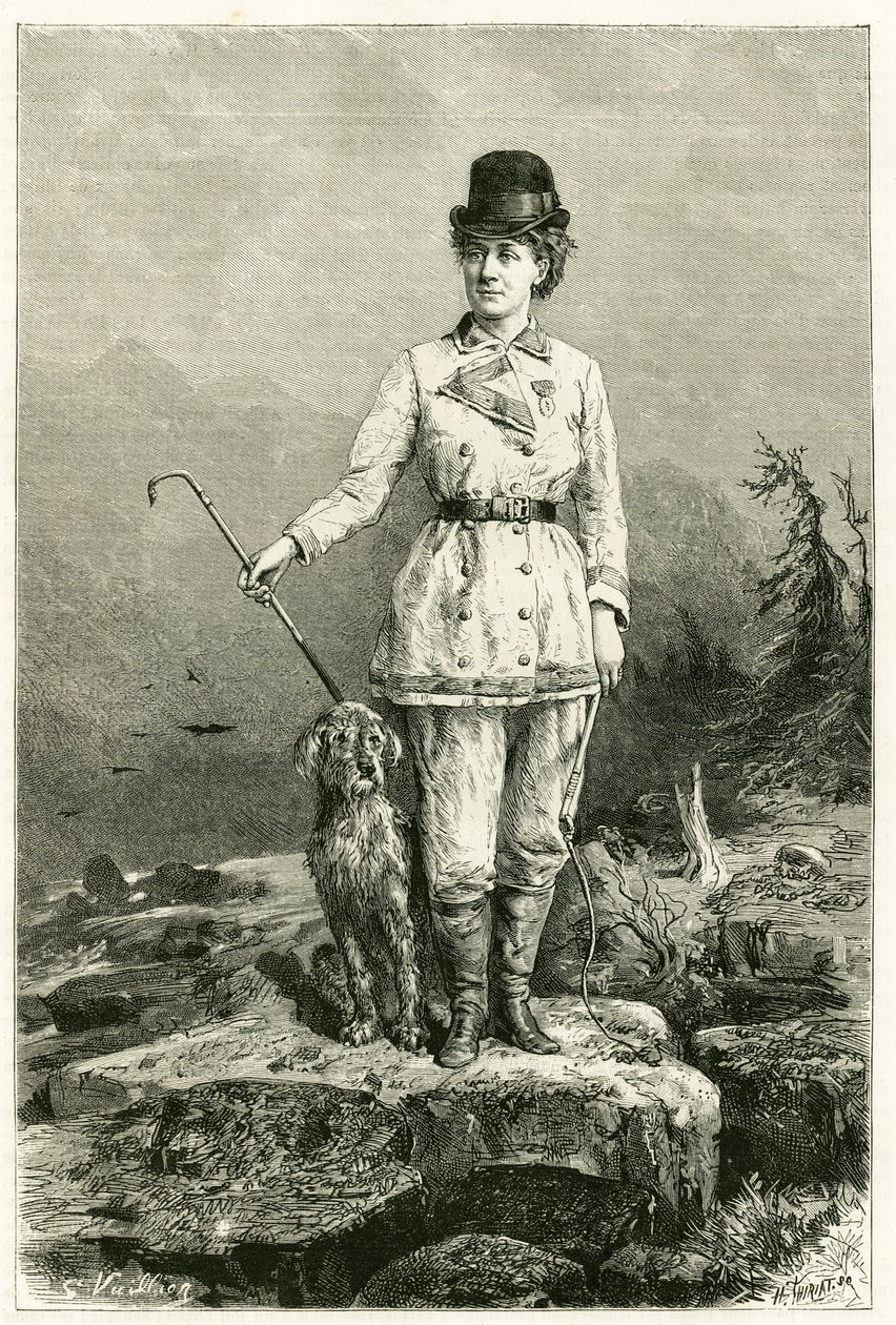 Etnolog dilbilimci ve kaşif Charles Eugene Ujfalvy (1842-1904) ile evli, köpeğiyle birlikte seyahat elbisesi içinde Madame Marie De Ujfalvy-Bourdon