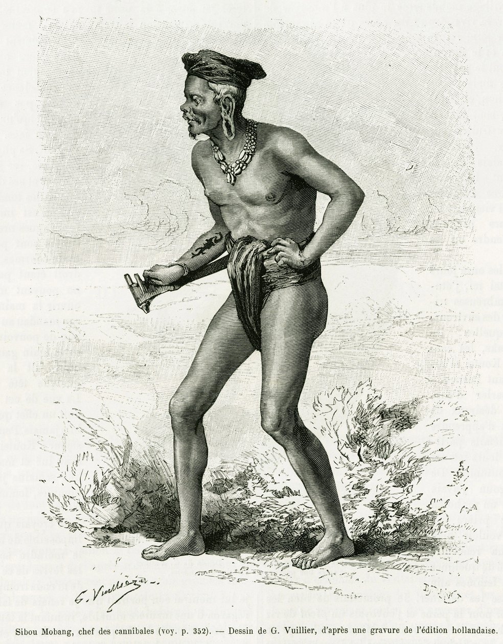 Sibou Mobang, yamyamların başı. G.Vuillier tarafından yapılan gravür, De Koutei a Bandjirmasin, Borneo'da yolculuk, Carl Bock tarafından, le tour du monde 1890'da, Edouard Charton (1807-1890), Hachette, Paris tarafından yönetildi. by Gaston Vuillier