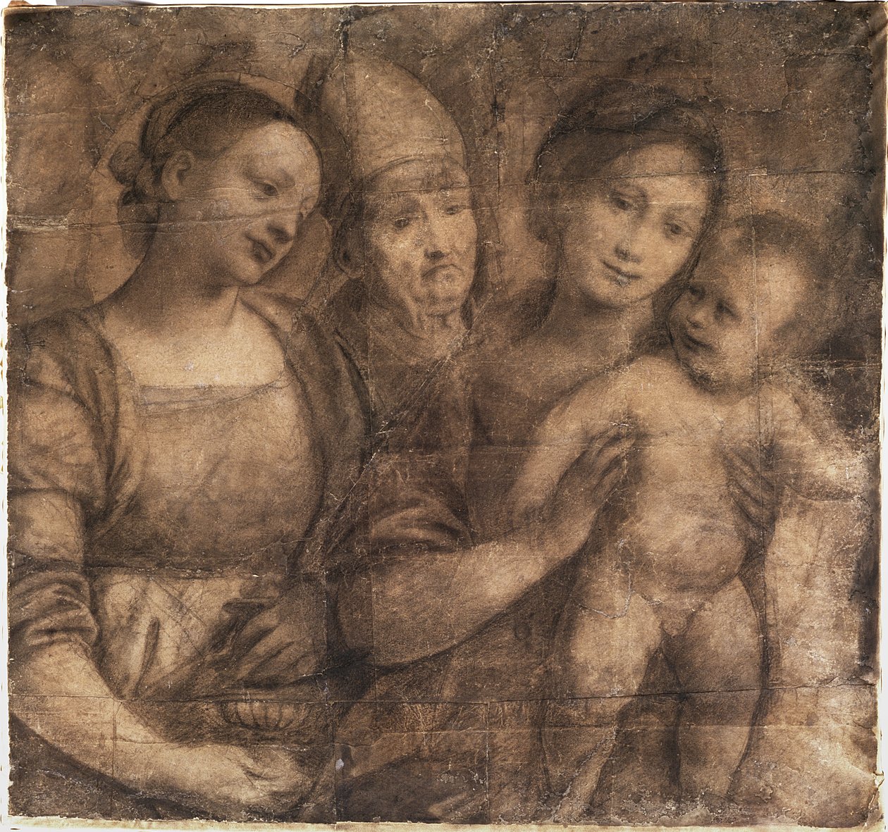 Madonna ve St. Mary Magdalene ve bir piskopos ile Çocuk (parşömen üzerine monte edilmiş gri kağıttan birleştirilmiş sayfalar üzerinde siyah tebeşir) by Gaudenzio Ferrari