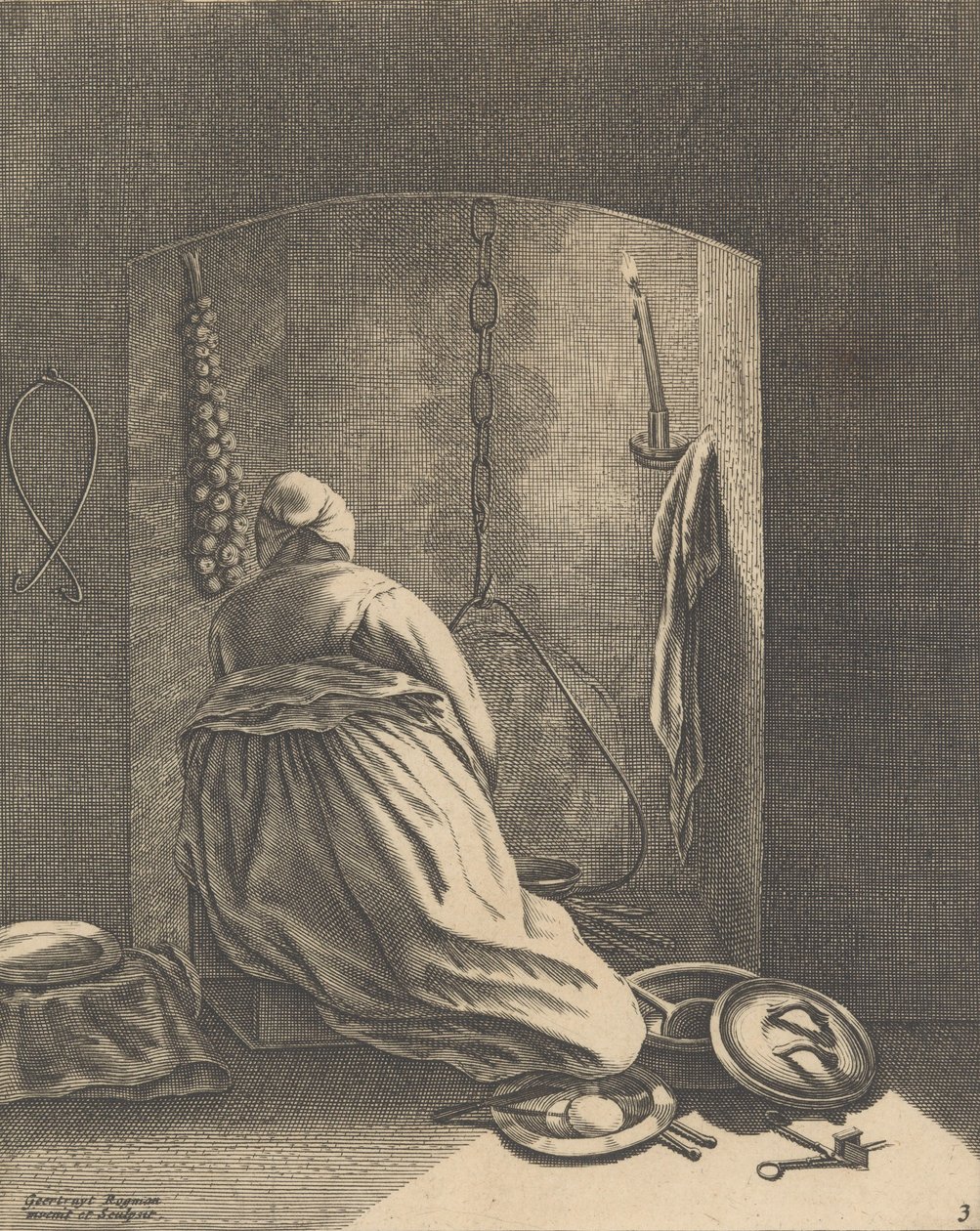 Yemek Yapan Kadın, Beş Kadınsı Meslekten Tabak 3, yakl. 1640-57., ca. 1640-57. by Geertruydt Roghman