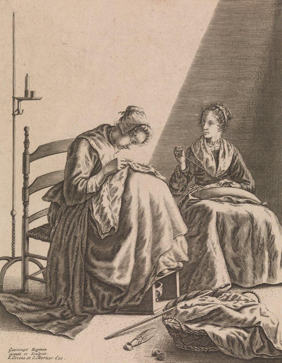 İki Kadın Dikiş, Beş Kadınsı Meslekten Levha 1, ca. 1640-57. by Geertruydt Roghman