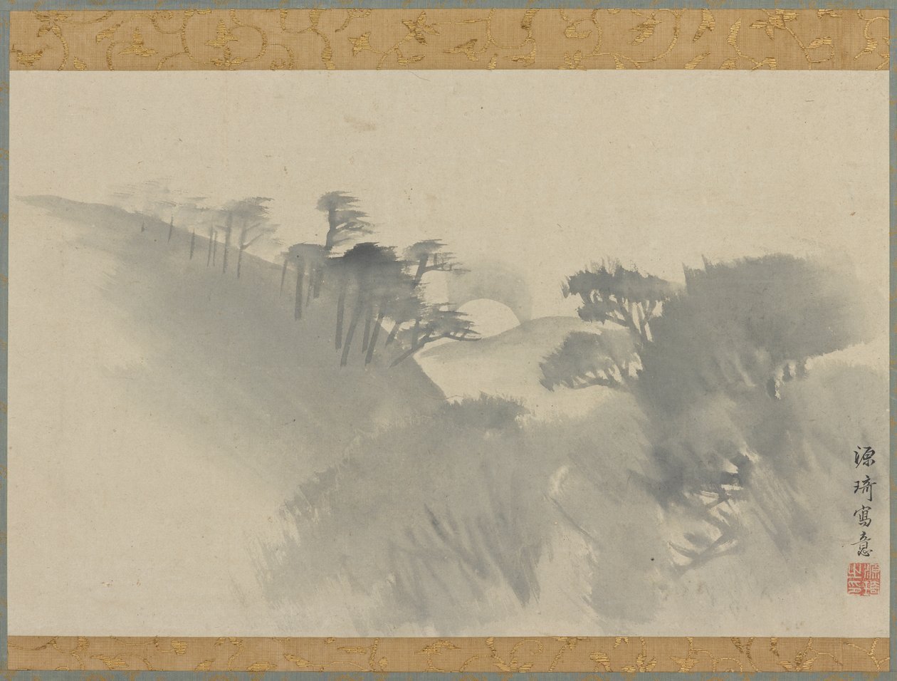 Tepe, ağaçlar ve ayın doğuşuyla birlikte manzara, Edo dönemi, 1747-1868. by Genki