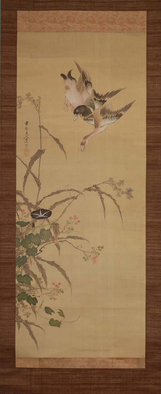 Ördekler, çiçekler ve çimenler, c.1800-22 (ipek üzerine mürekkep ve renkler) by Gentai Sanjin