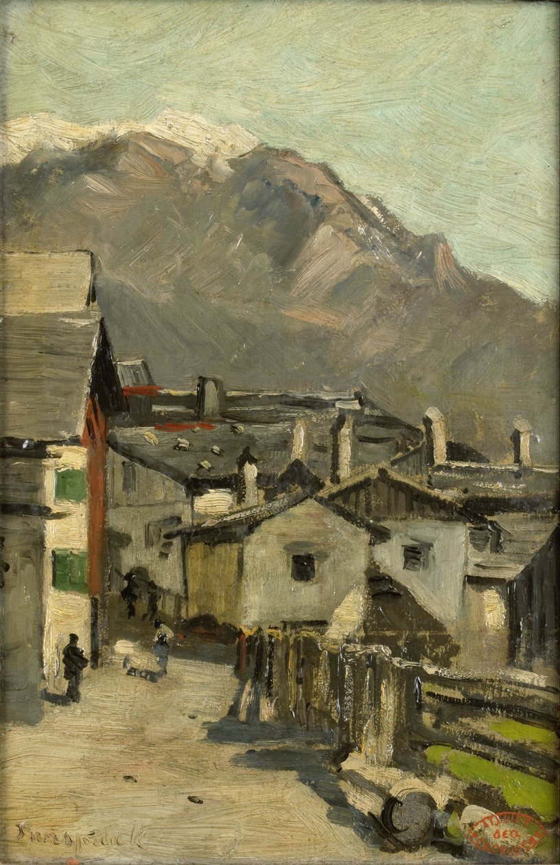 Bir dağın yakınında bir yol boyunca evler (Innsbruck?) by Geo Poggenbeek